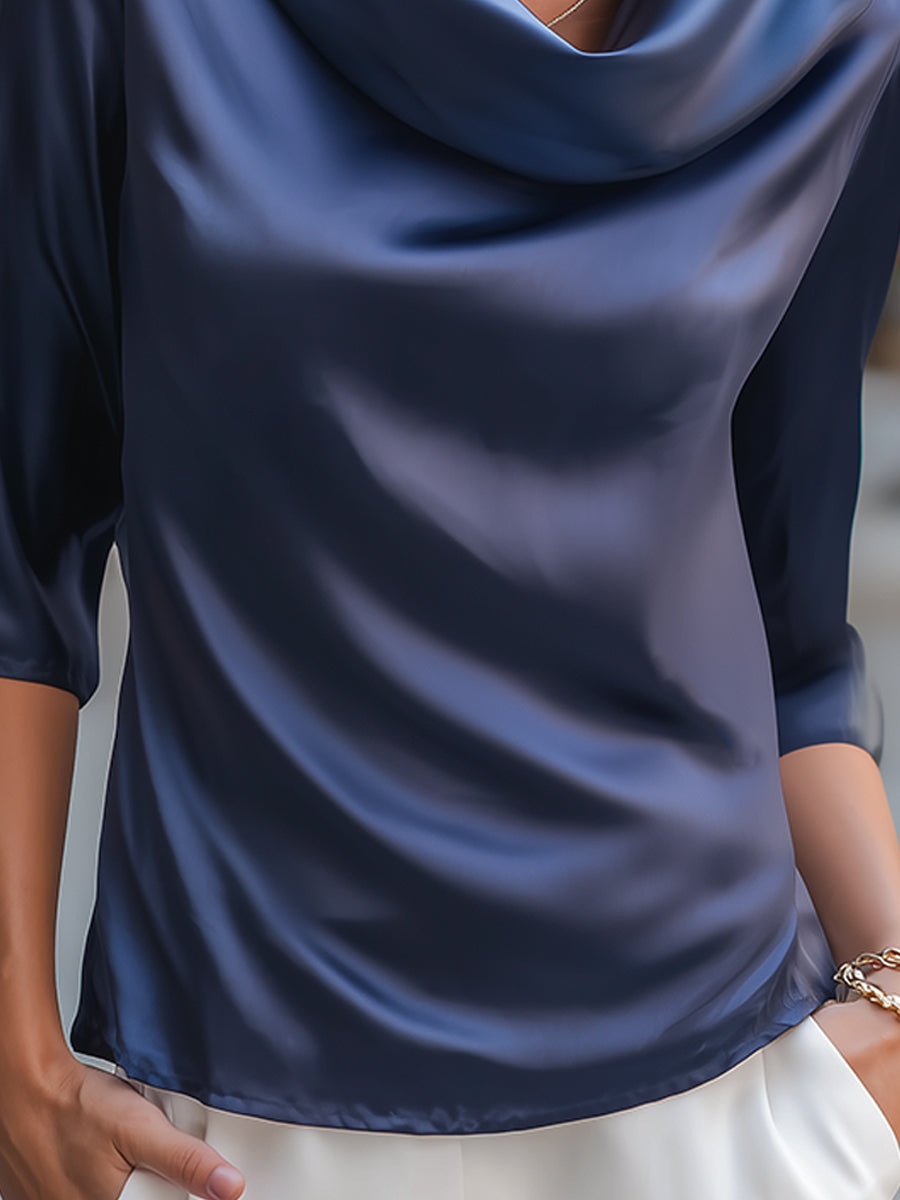 Navy Satin Cowl Neck Blouse – Effortless Elegance For Timeless Style