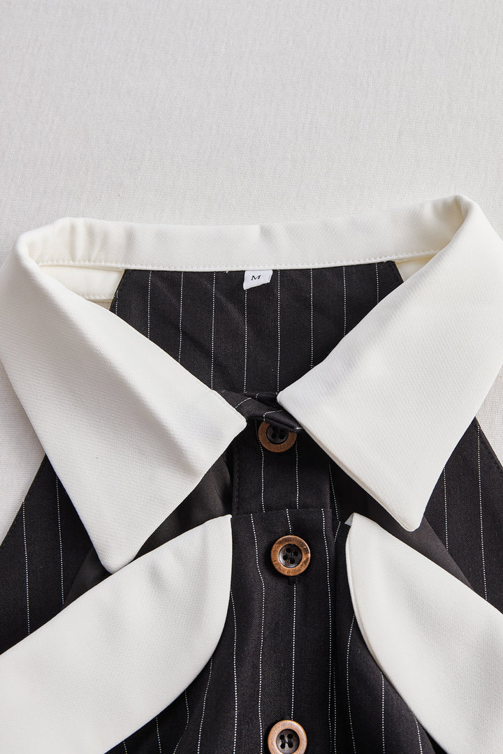 Pinstripe Top With Contrast Collar And Button Front